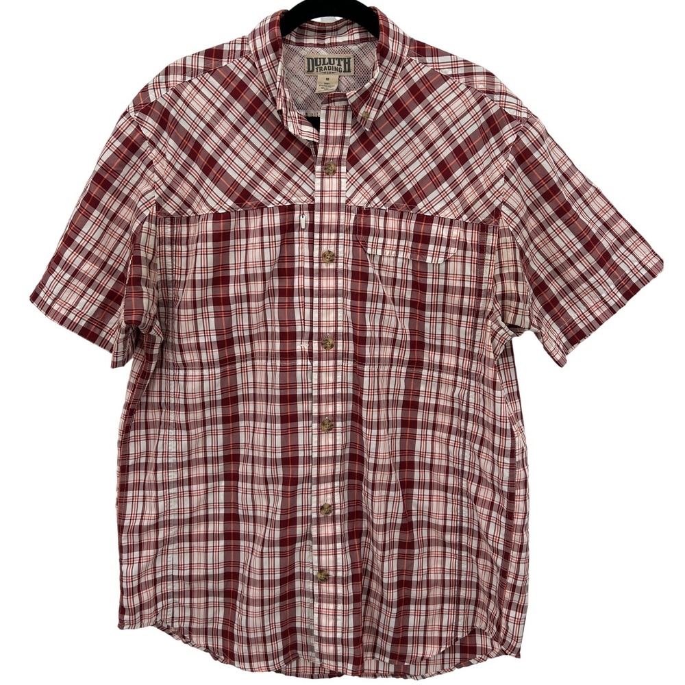 Duluth Trading Co Mens Medium Short Sleeve Plaid Button Down Shirt‎ Red White